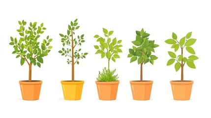 Obraz premium reforestation set of young trees trunks in pots, afforestation set of green plants in flowerpots, gardening and botany concept