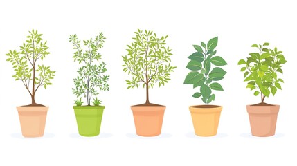reforestation set of young trees trunks in pots, afforestation set of green plants in flowerpots, gardening and botany concept