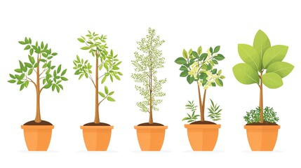 Fototapeta premium reforestation set of young trees trunks in pots, afforestation set of green plants in flowerpots, gardening and botany concept