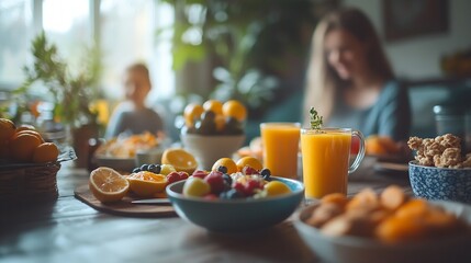 Family breakfast and help in house with cereal juice and fruit for health or nutrition by table Woman knife and kid together in home with food for wellness brunch and bonding with mom  : Generative AI