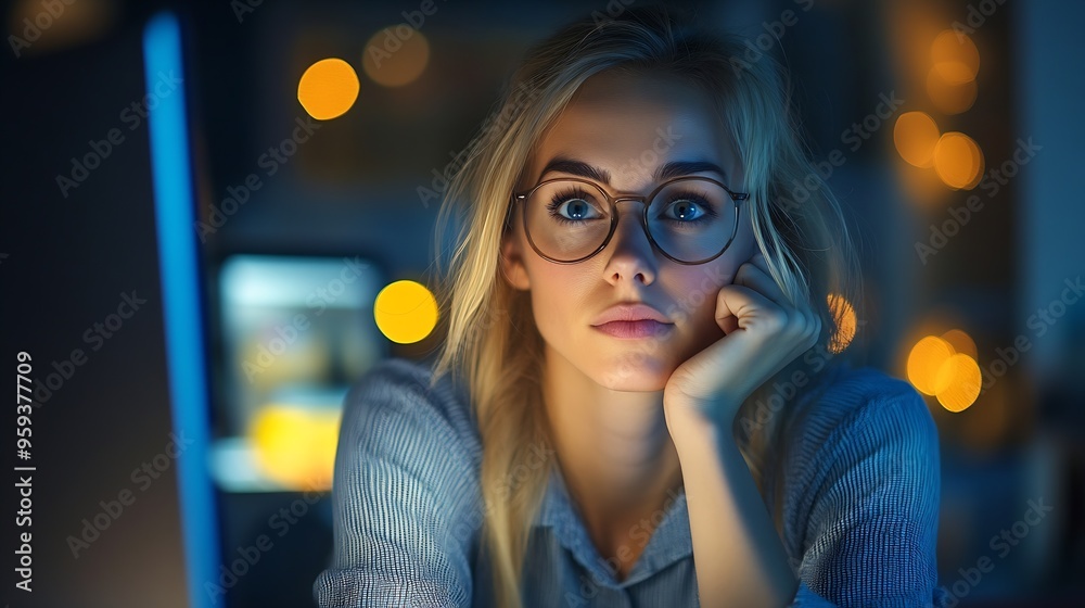 Leinwandbilder computer thinking and business woman in office working late on project at night alone desktop profes