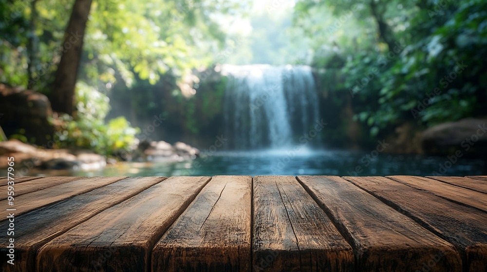 Aufkleber empty wood table top with blur background of waterfall tropical in summer the table giving copy spac