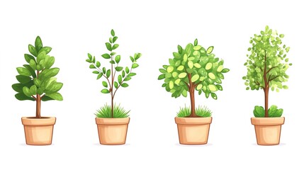Fototapeta premium reforestation set of young trees trunks in pots, afforestation set of green plants in flowerpots, gardening and botany concept