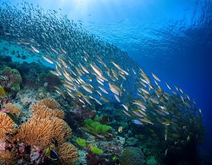 Low angle view of fish swimming in the coral reef of blue sea