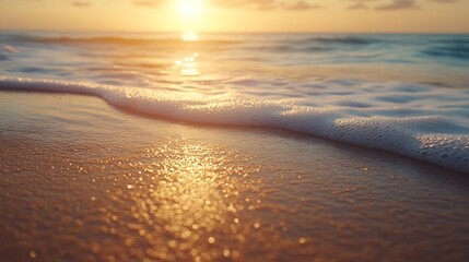 Closeup sea sand beach Amazing empty beach landscape Inspire tropical island seascape horizon Orange golden purple sunset sunrise sky tranquil sunlight Summer vacation travel holiday c : Generative AI