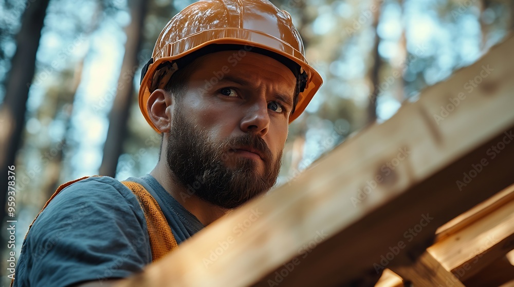 Poster carpenter constructing wooden frame house near the forest bearded man hammering nails into structure