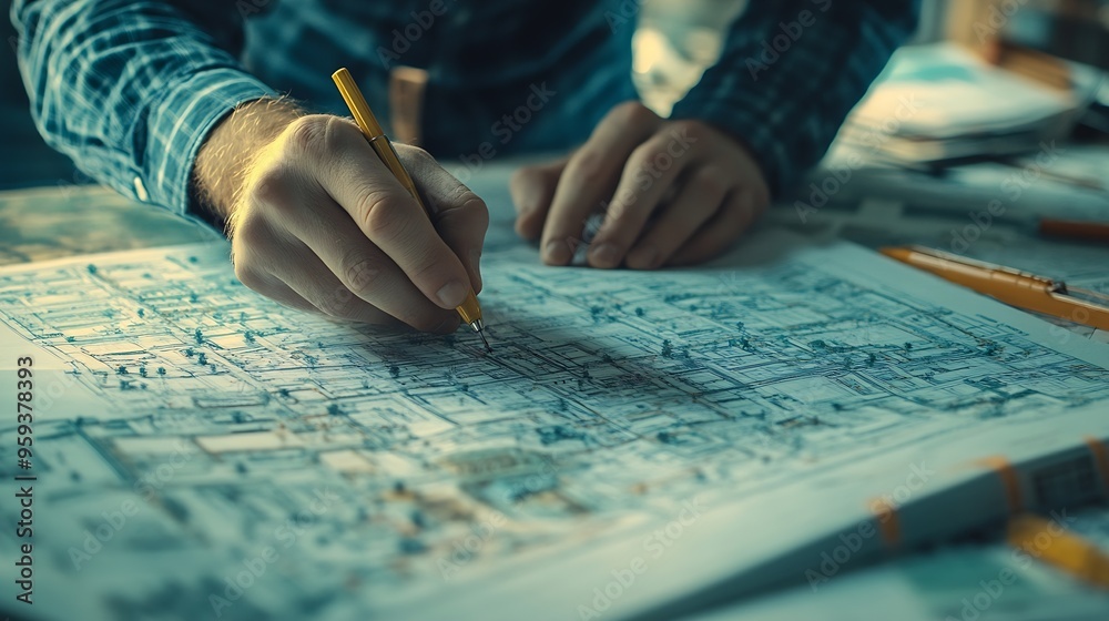 Poster Worker architect and engineer work on real estate construction project oratory planning with cartography and cadastral map of urban town area to guide to construction developer busines : Generative AI