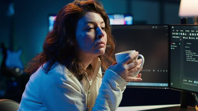 Portrait of happy computer engineer enjoying hot tea while implementing security measures to protect company systems and data. Joyful IT worker holding coffee mug and debugging code, camera A