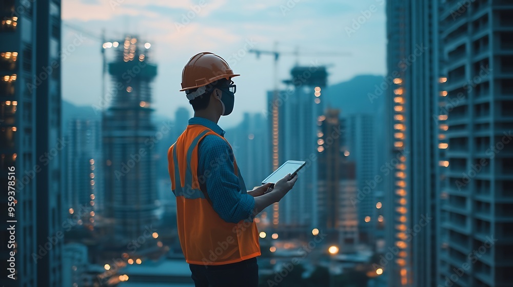 Fototapete tablet engineer and man with helmet on construction site for development or building in city on proj