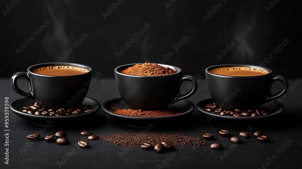 Poster three black cups with coffee and saucers on black background one with coffee beans the second with g