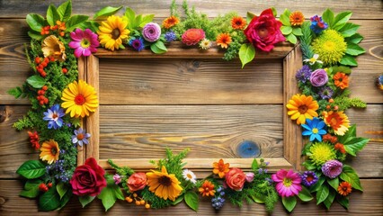 Fototapeta premium Wooden frame adorned with colorful flowers and vibrant leaves, wooden, frame, decorated, flowers, leaves, colorful