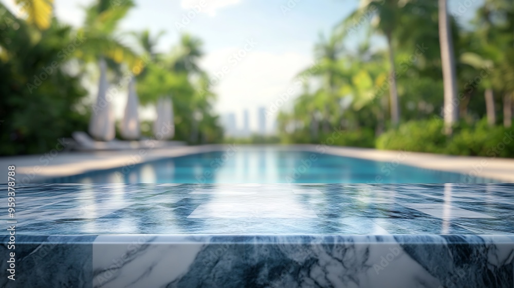 Poster white marble top with blurred empty Swimming pool background can be used for mocking up or display product to make advertising : Generative AI