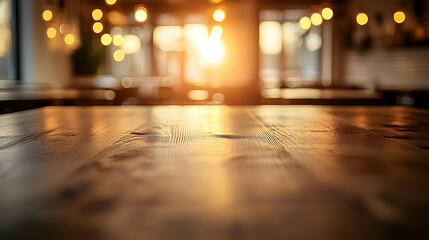 Wooden Table Top with Blurred Bokeh Lights in the Background.