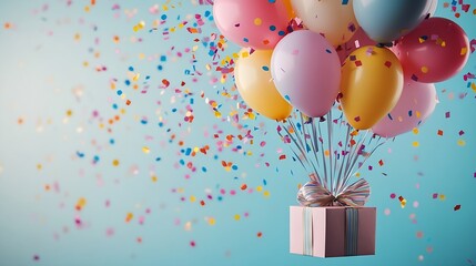 Birthday party flat lay with colorful balloons and confetti escaping from a gift box : Generative AI