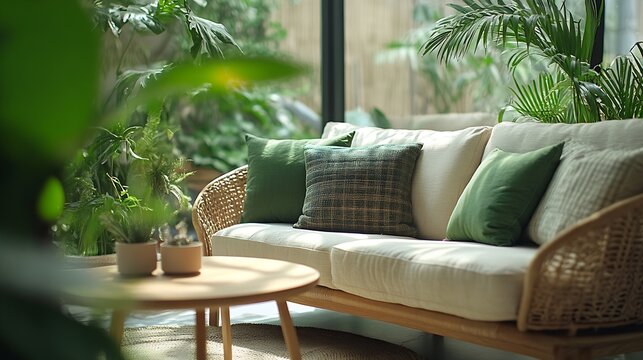 Interior design of cozy open space with modular sofa green pillows braided plaid wooden coffee table rattan armchair round table plants and personal accessories Home decor Template : Generative AI
