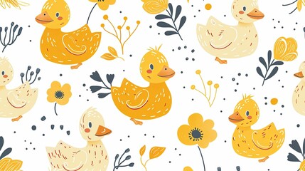 Seamless Pattern of Yellow Ducklings and Flowers