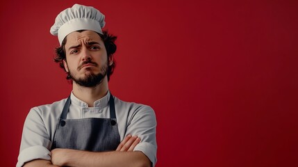 Young dissatisfied housewife housekeeper chef cook baker man in grey apron work at table with grill kitchenware scratch hold head isolated on plain red background studio Process cookin : Generative AI