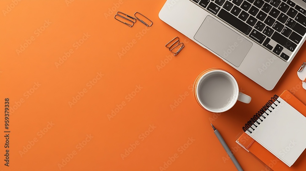 Aufkleber overhead above close up flat lay view photo of laptop keyboard cup of beverage sticker binder clips 