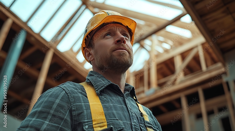 Poster man builder engineer works at construction site builder in gray uniform foreman inside unfinished ho