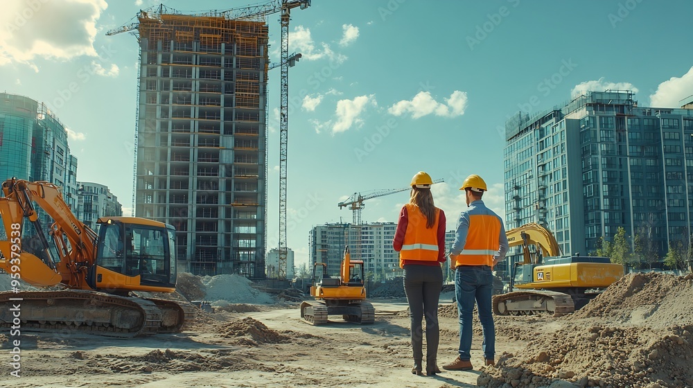 Aufkleber construction site with excavators on sunny day diverse team of male and female real estate developer