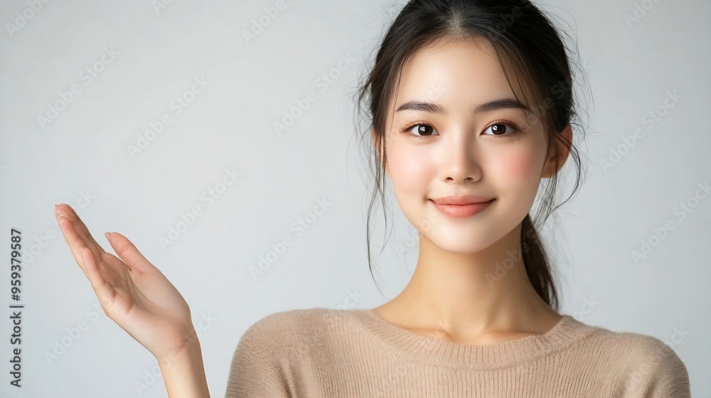 Poster happy asian woman presenting or showing open hand palm with copy space for product on white backgrou