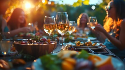 Friends enjoying outdoor dinner harvest party : Generative AI