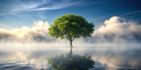 Obraz premium Tree surrounded by water vapor mist , nature, fog, misty, branches, leaves, mist, foggy, peaceful, serene, tranquil, green