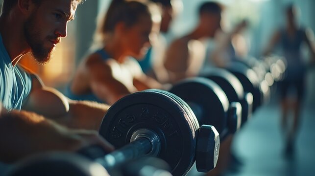 Gym group and dumbbell rowing exercise for power muscle and challenge in workout class Diversity of strong people bodybuilding and push up with weights for fitness healthy training and : Generative AI