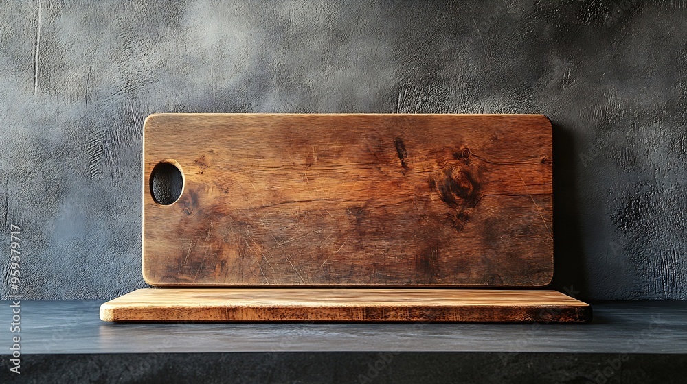 Poster empty of wood cutting board on table top on cement wall backgroundfor montage product display or des
