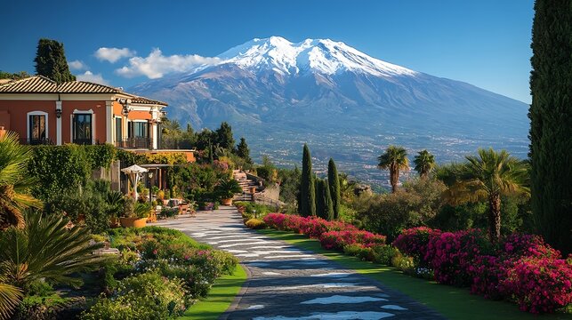 Luxury San Domenico Palace Hotel with panoramic view on snow capped Mount Etna volcano on sunny day from public garden Parco Duca di Cesaro to Giardini Naxos in Taormina Sicily Italy E : Generative AI