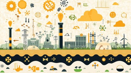 Naklejka premium Abstract Cityscape with Geometric Shapes and Icons