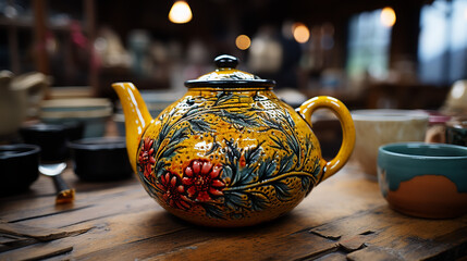Ceramic teapot on the table in the store generative ai