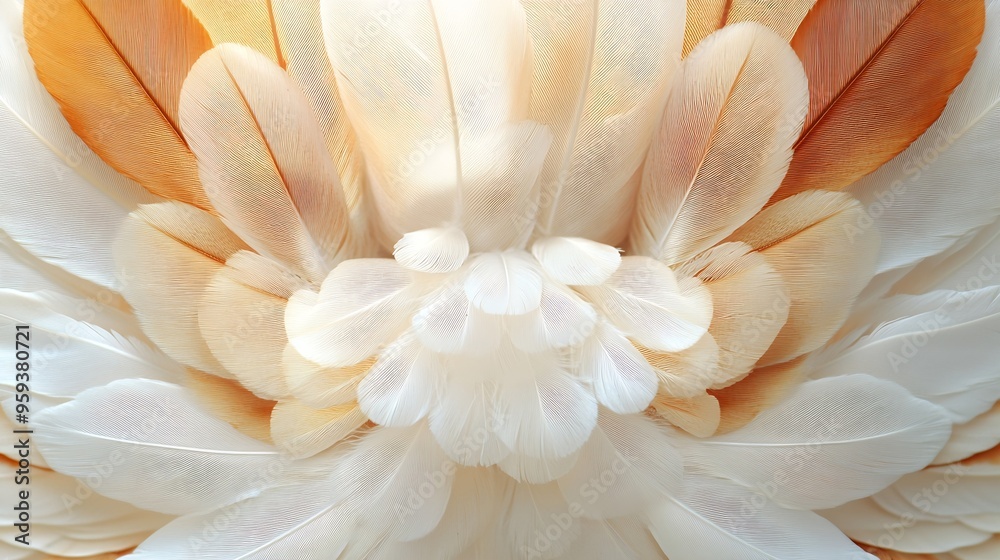 Aufkleber Abstract symmetric pattern of white brown and yellow feathers of wild duck as background closeup Ornamental surreal tracery of bird feathers The image with mirror effect : Generative AI