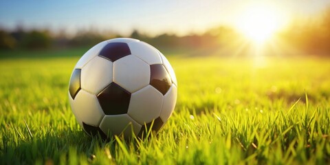 Soccer ball resting on lush green grass , sports, soccer, football, recreation, leisure, outdoor, field, equipment, round, game