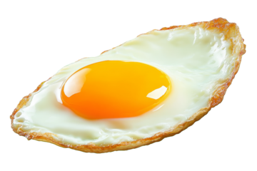 Floating fried egg isolated on a white background.