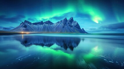 Aurora Borealis over Mountains and Sea