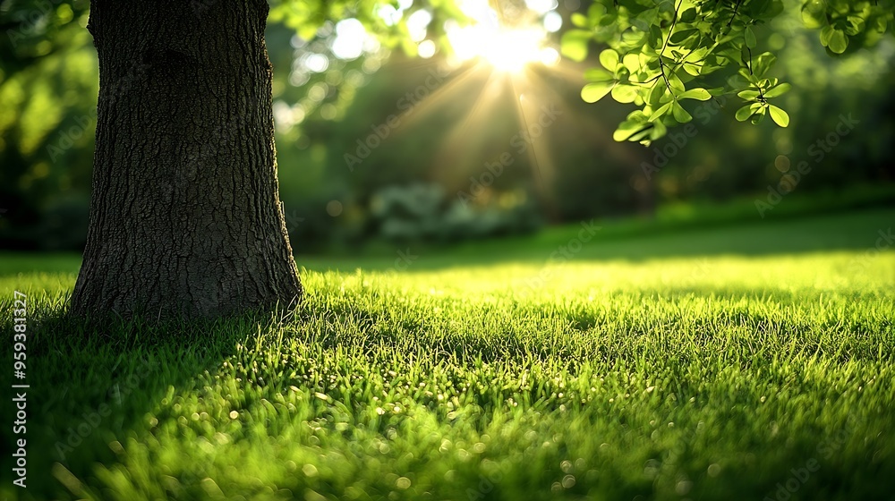 Aufkleber blur background of sunlight shining though the tree with grass field soft light nature photography p