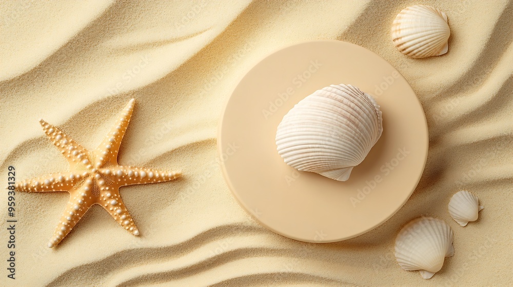 Poster empty beige round platform podium for cosmetics or products presentation sea shell and starfish on n