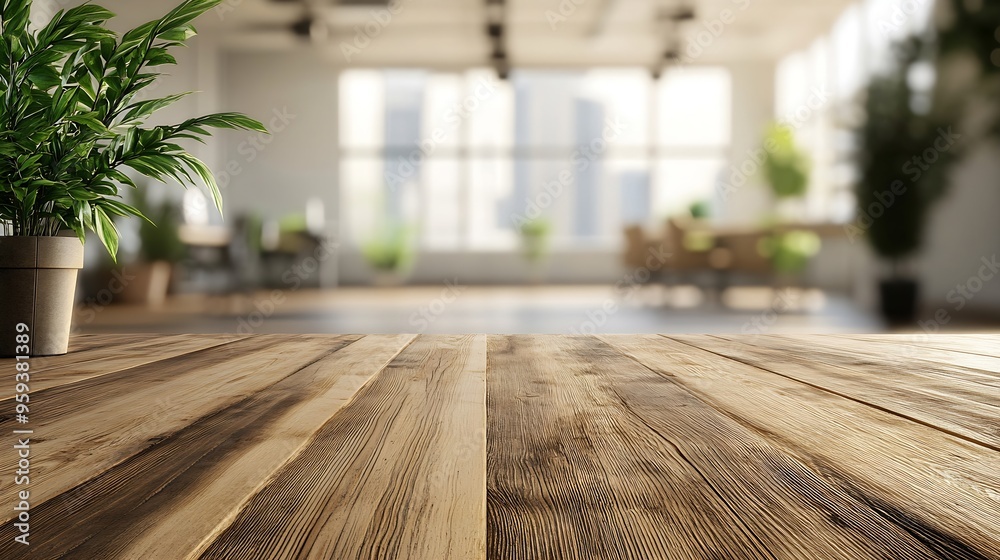 Poster Wooden board empty table background On the blurred background of the empty office room : Generative AI