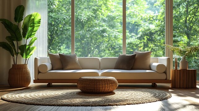 Open space interior with modular sofa wooden coffee table big window beige rug round pillow stylish table lamp plants vase with leaves and personal accessories Home decor Template : Generative AI