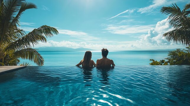 Happy couple in infinity pool at luxury hotel against ocean front enjoy in tropical resort Relaxing summer travel holiday vacation romance and weekend concept : Generative AI - Powered by Adobe