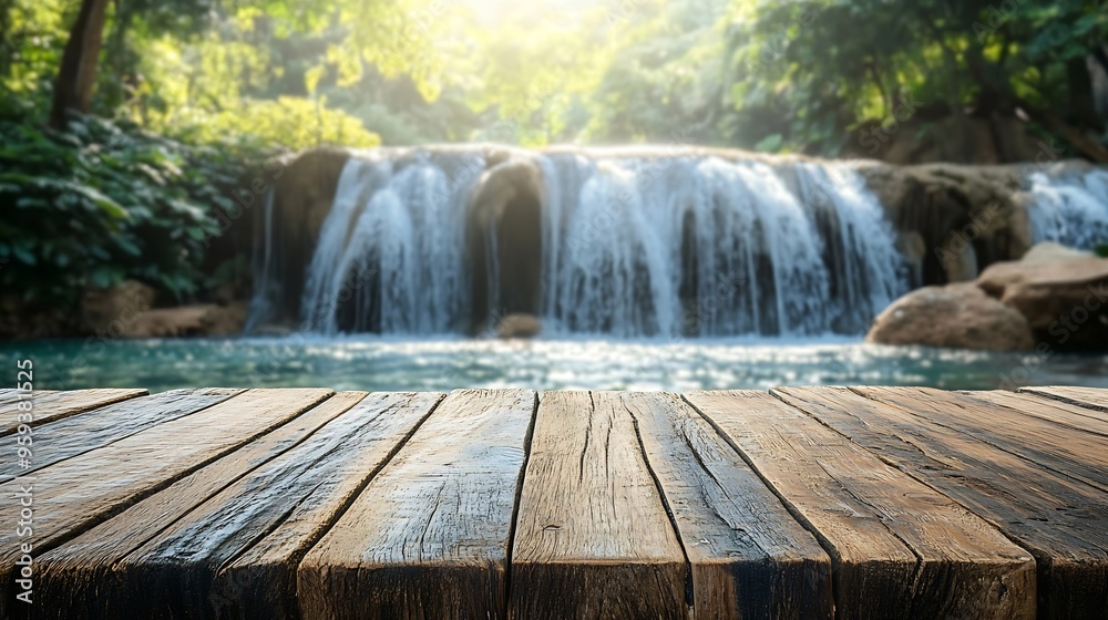 Poster Empty wood table top with blur background of waterfall tropical in summer The table giving copy space for placing advertising product on the table along with beautiful summer waterfall : Generative AI
