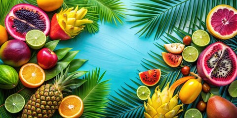 Vibrant tropical rhythm with colorful exotic fruits and palm leaves, tropical, rhythm, vibrant, colorful, exotic, fruits