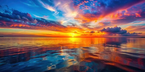 Vibrant sunset casting colorful reflections on the calm ocean surface, sunset, ocean, sea, dusk, sky, horizon, water