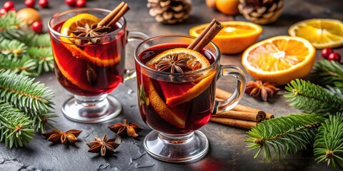 Hot mulled wine with spices and citrus served in glasses for holiday celebration, festive, drink, Christmas, winter, traditional