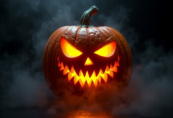 Fototapeta premium Halloween Spooky Night Glowing Jack-o’-Lantern in Fog with Eerie Pumpkin Face