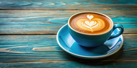 Heart-shaped latte art in a vibrant blue cup, coffee, cappuccino, heart, love, barista, latte art, foam, beverage