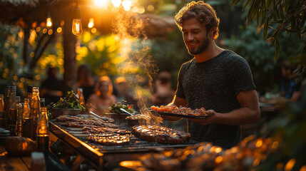 Fototapeta premium Friends Having a Barbecue in the Backyard at Late Afternoon, Emphasizing Outdoor Cooking and Social Interaction