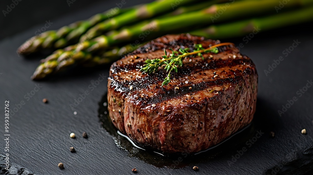 Poster Grilled Fillet Mignon Steak with roasted asparagus Black background Top view Copy space : Generative AI