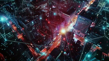 Modern City Aerial View and Communication Network Concept: Smart City with Wireless Telecommunication